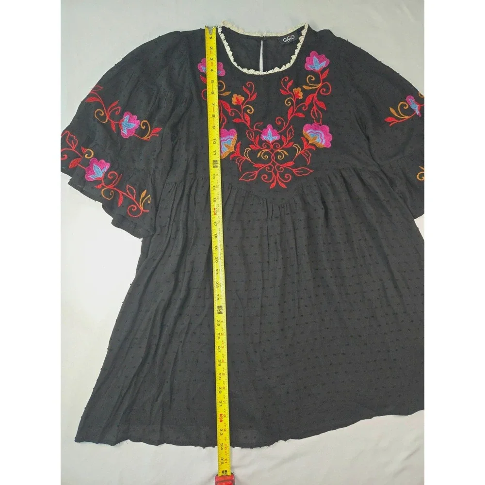 Black Floral Embroidered Babydoll Dress Bell Sz L Basque Waist Bell Sleeve Boho
